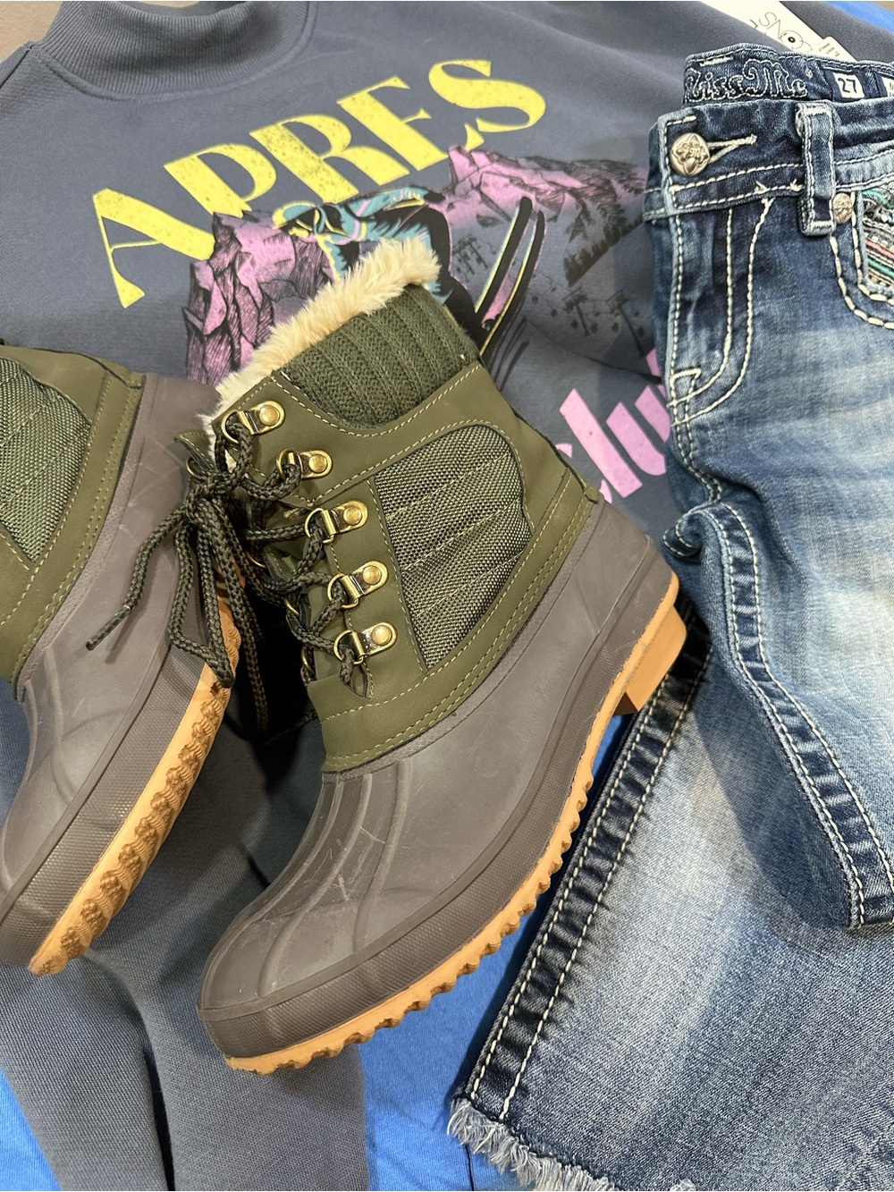 Sporto Kathleen Waterproof Duck Winter Boots Olive Grey Fur Trim 6W EUC